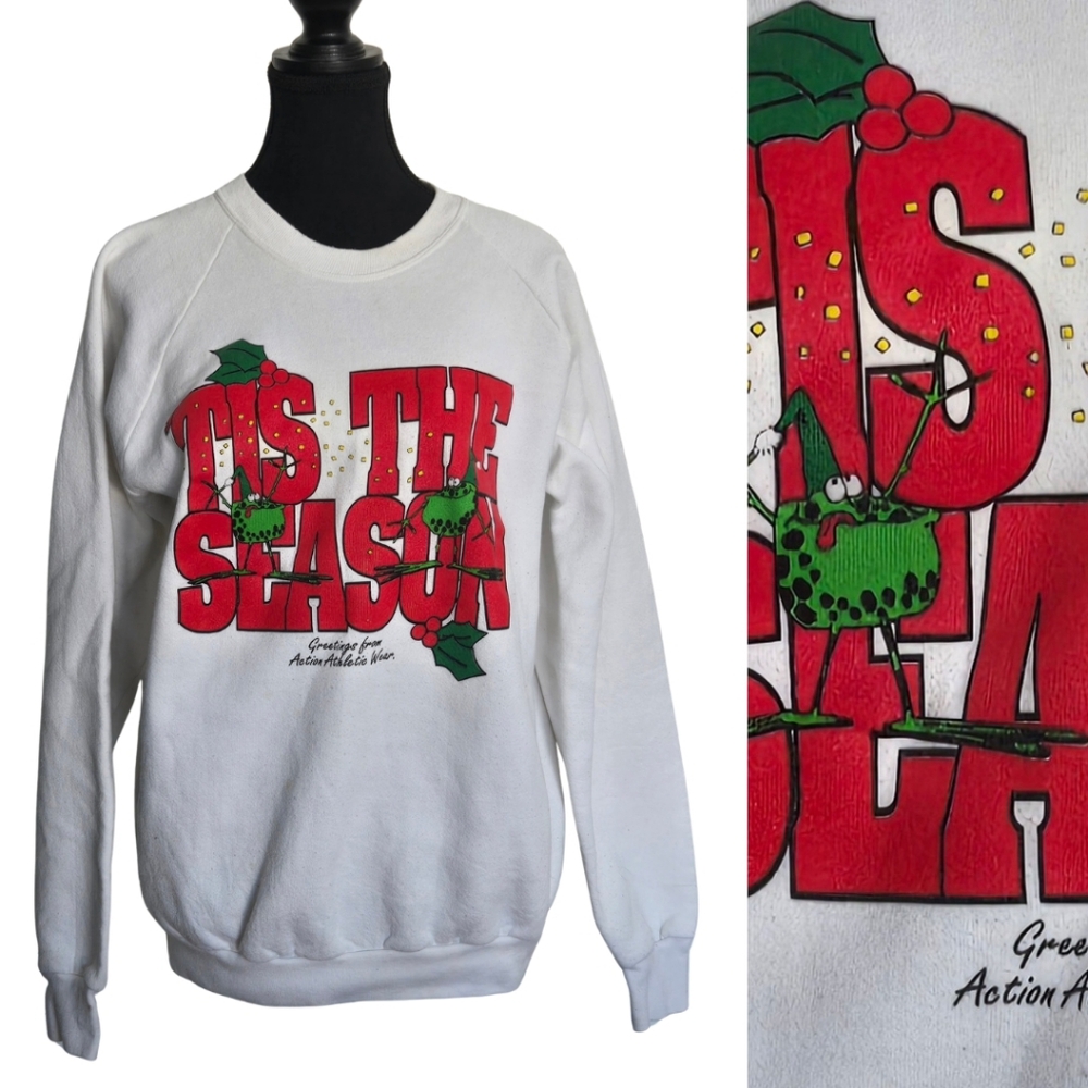 Fruit of the Loom ’Tis the Season Frog Christmas Sweatshirt Vintage Holiday Top